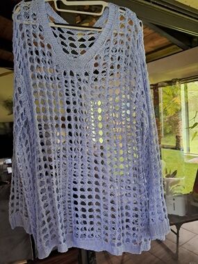 Bluish Periwinkle Open-Weave Crochet Sweater